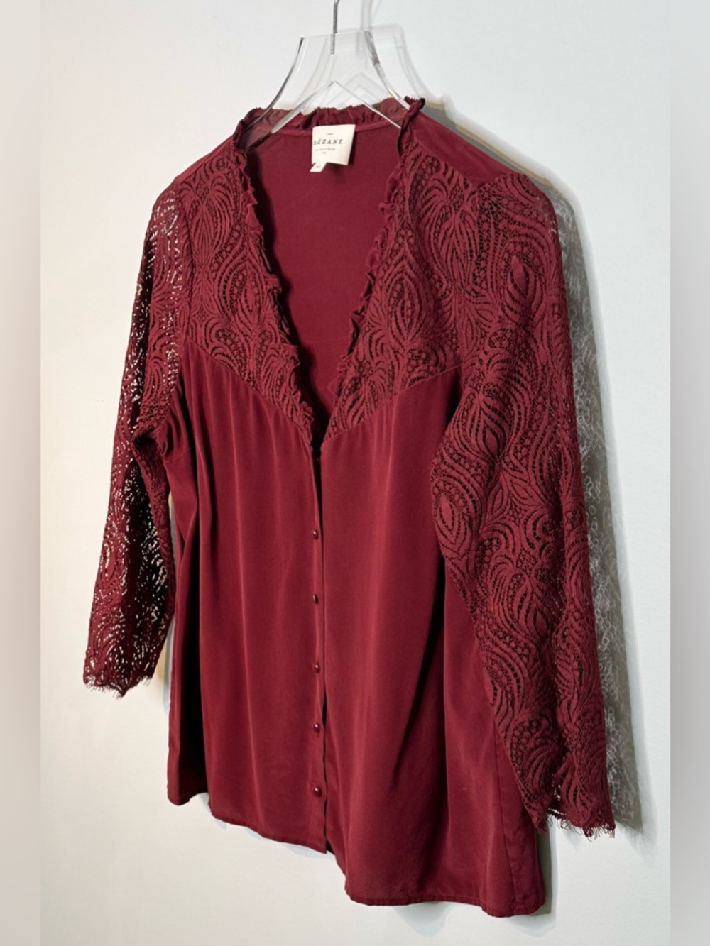 Sezane Margaret Bordeaux Red Silk Lace Sleeve Blouse Shirt Top - Picture 6 of 14